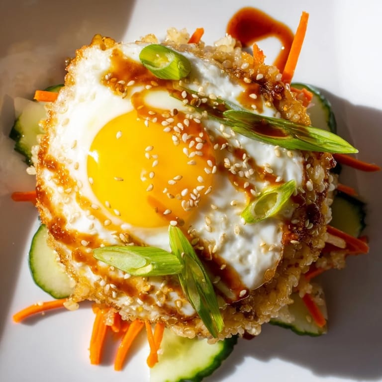 Delicious and quick, this Egg Rice Bowl features crispy rice with soy sauce and sesame seeds.
