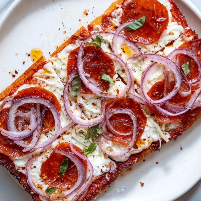 A close-up of a Hot Honey Pepperoni Flatbread showcasing melted mozzarella, pepperoni, and fresh basil.