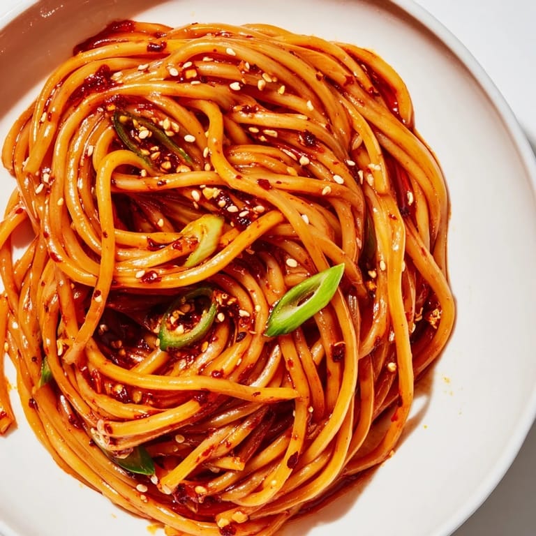 Close-up of perfectly coated Garlic Chili Oil Noodles, ready to eat for a spicy meal.