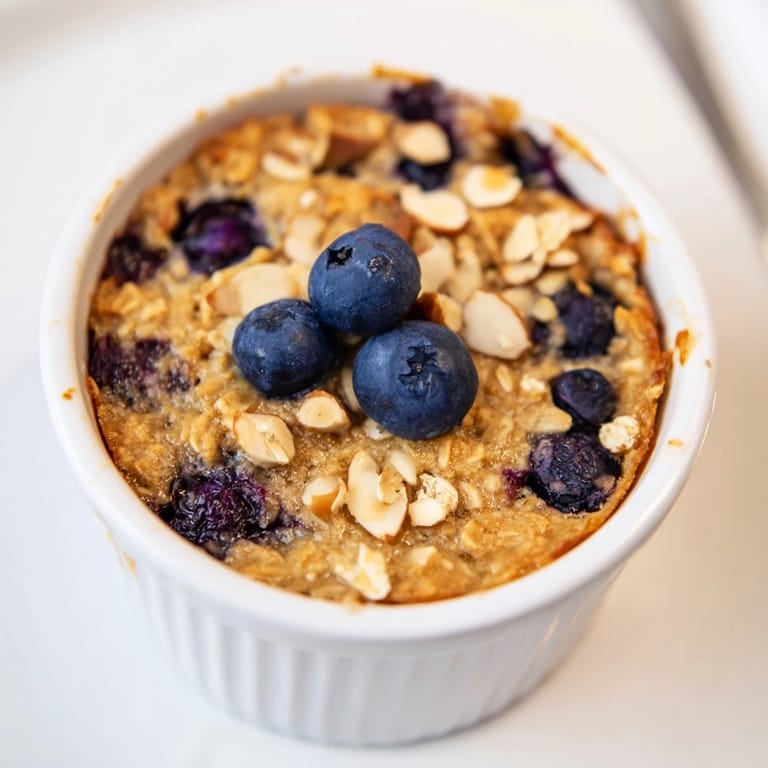 Fresh blueberries scattered over golden-brown Blueberry Baked Oats; a delicious, fruity treat ready to eat.