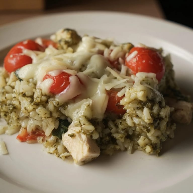 Golden-brown Chicken Pesto Rice Bake with visible cherry tomatoes, fresh basil, and creamy, cheesy goodness.