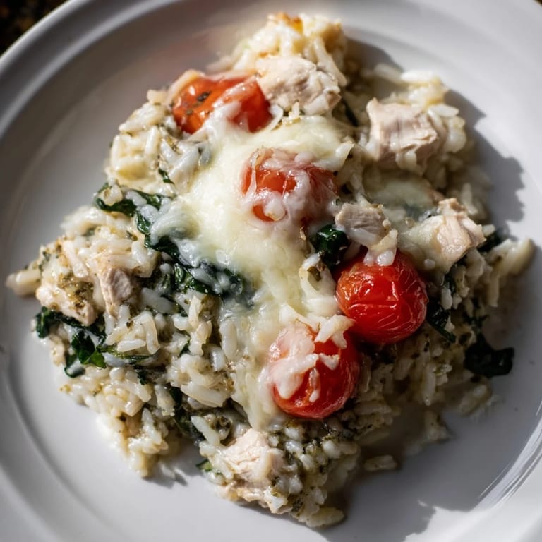 A steaming casserole of flavorful Chicken Pesto Rice Bake, ready to serve and enjoy for a comforting meal.