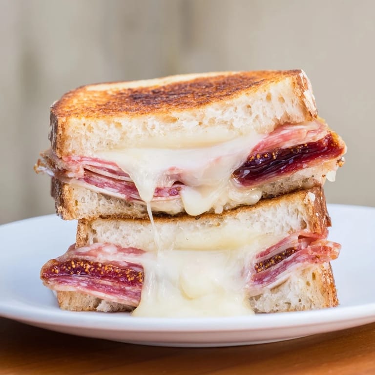 Close-up of a Charcuterie Grilled Cheese, showcasing the delicious melting cheese and hearty meats.