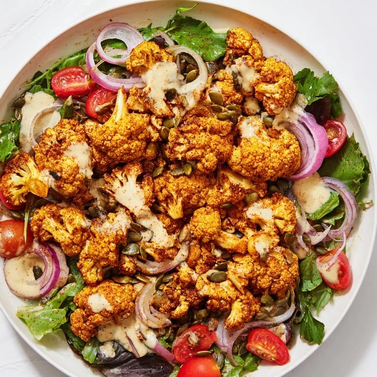 A bright and flavorful Crispy Cauliflower Salad with toasted pumpkin seeds and tangy tahini.