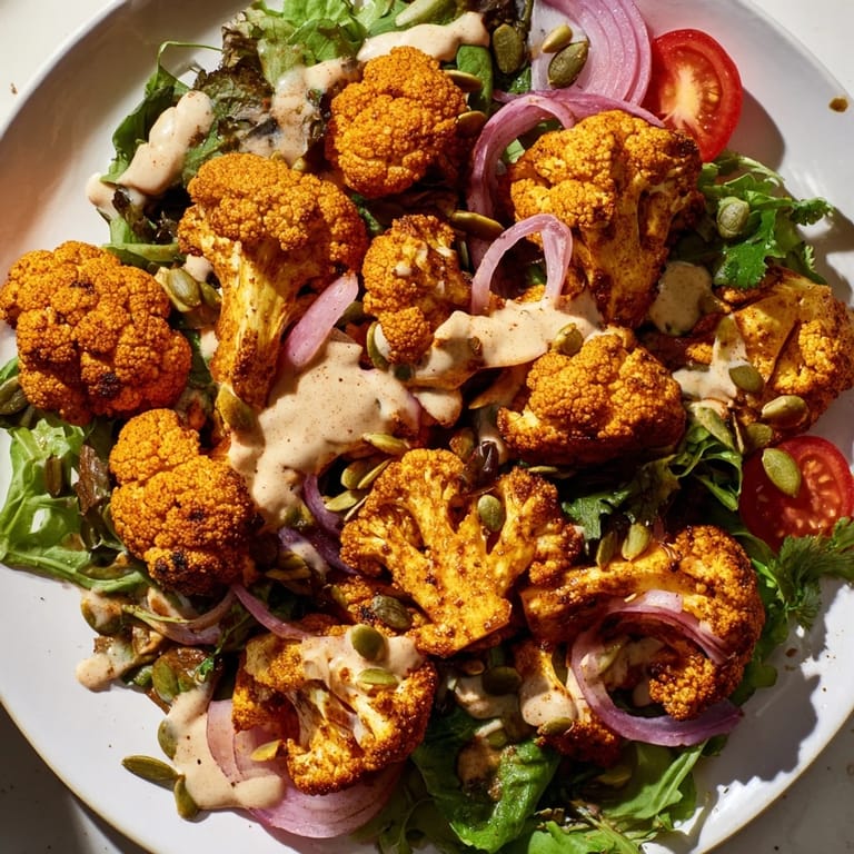 This vegetarian Crispy Cauliflower Salad displays perfectly cooked florets, ready to be enjoyed.