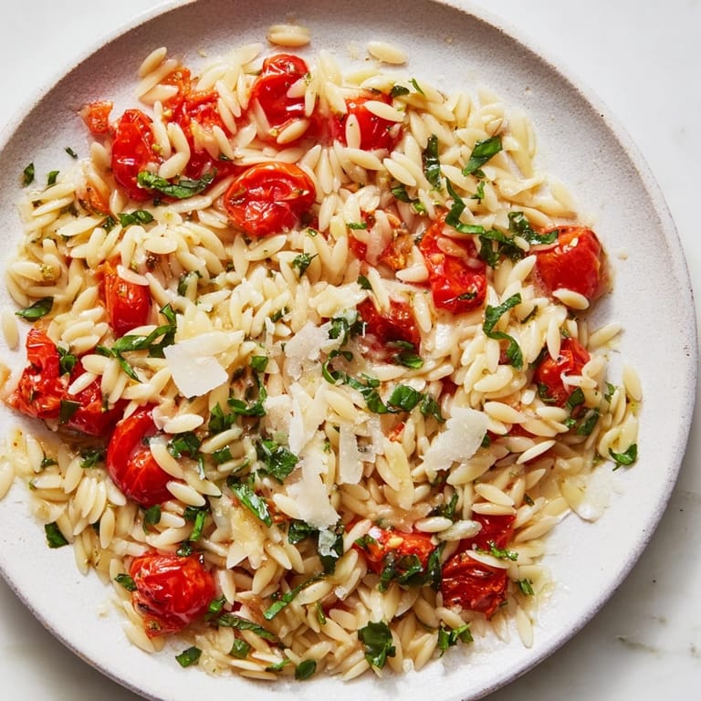 Creamy, flavorful Orzo Tomato Parmesan tossed with olive oil and grated Parmesan cheese, ready to serve.
