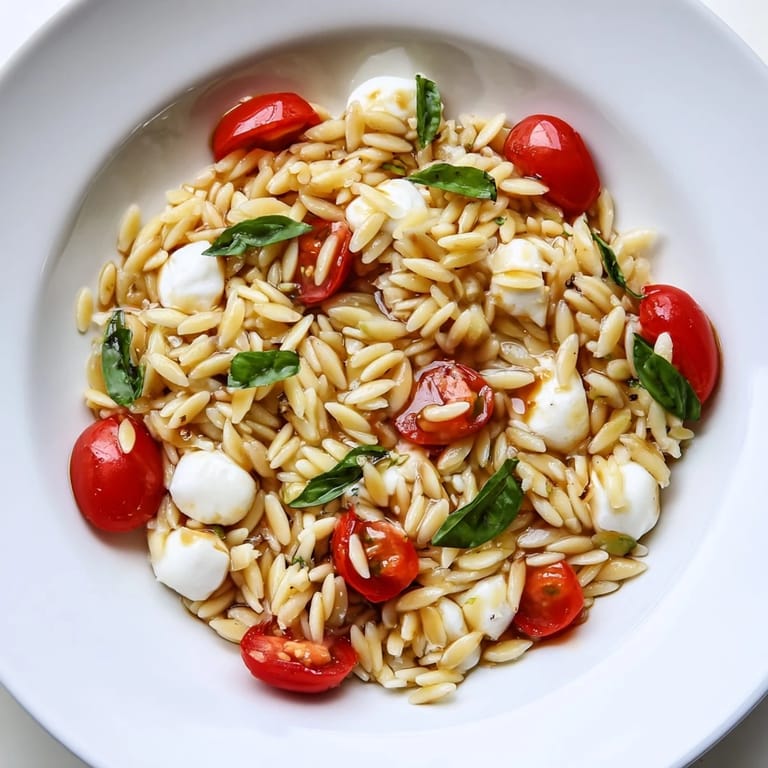 A bright bowl of Caprese Orzo Salad, showcasing orzo, fresh basil, and perfectly ripe cherry tomatoes.