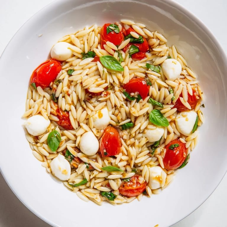 Cool and refreshing Caprese Orzo Salad, an Italian-inspired meal, perfect for a light lunch or summer side.
