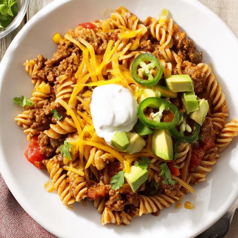 This satisfying Beef Taco Pasta Skillet shows tender pasta and seasoned ground beef; ready to eat.