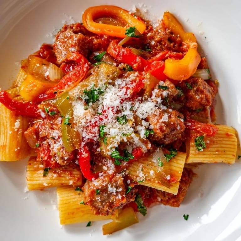 Fragrant Sausage and Peppers Pasta is garnished with fresh parsley and Parmesan cheese, ready to enjoy.