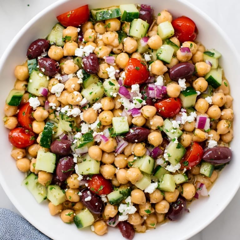 This fresh Mediterranean Chickpea Salad is piled high, displaying tomatoes, cucumbers, and Kalamata olives.