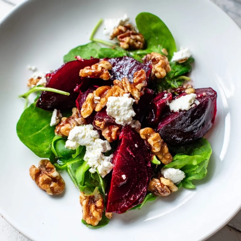 Beautifully plated Roasted Beet Walnut Salad with vibrant beets, candied walnuts, and tangy vinaigrette.