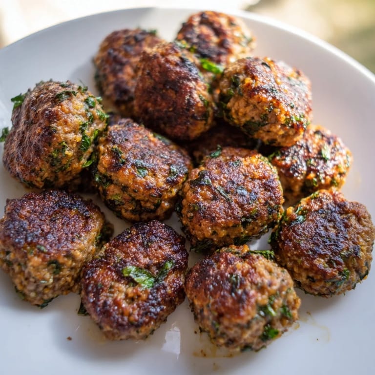 A delicious close-up of sizzling Turkish Köfte Meatballs, cooked to perfection on a hot skillet, ready to eat.