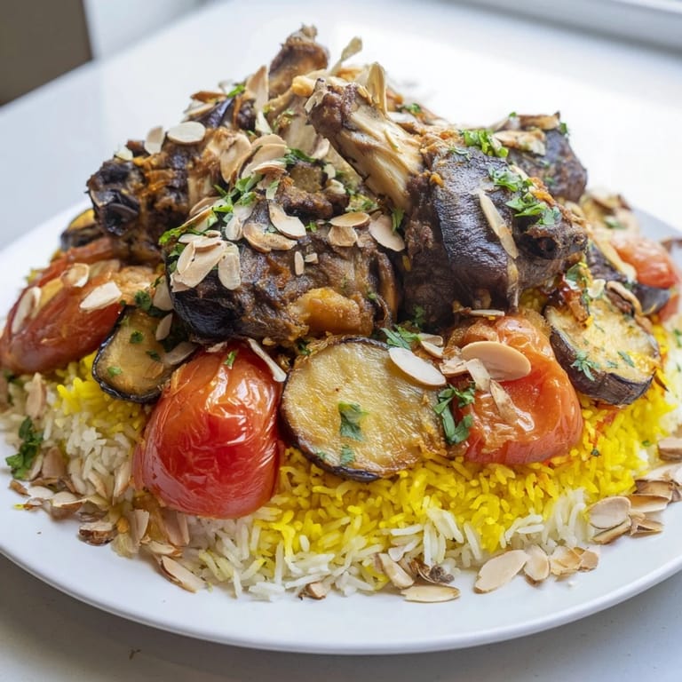 This aromatic Maqluba recipe features tender meat and fluffy rice, garnished beautifully.