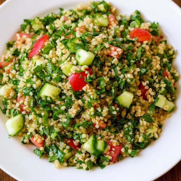 A vibrant bowl of bulgur wheat salad tabbouleh with crisp cucumber, mint, and a zesty lemon dressing drizzled over top.