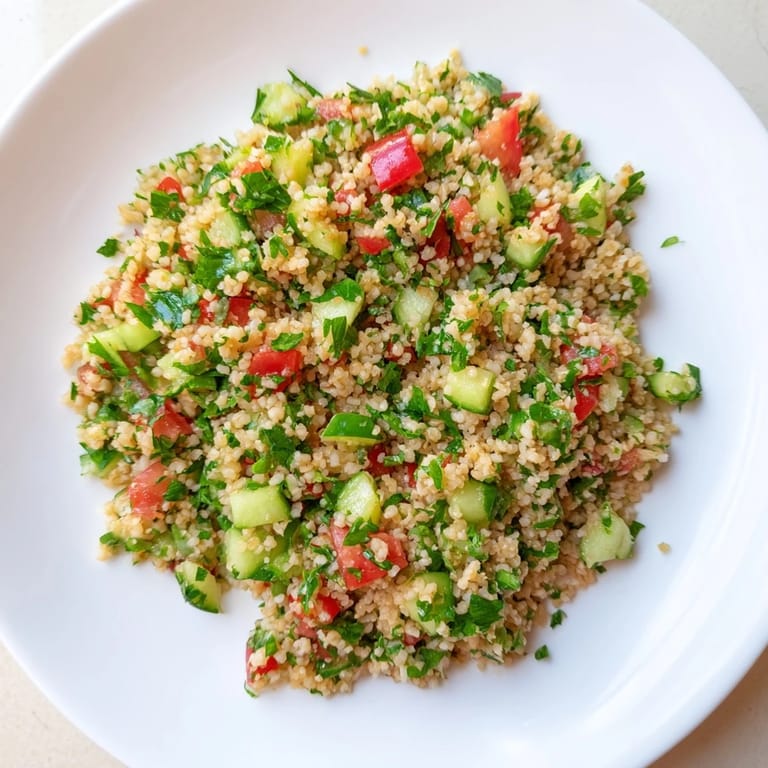 Served chilled, this bulgur wheat salad tabbouleh is garnished with fresh herbs and a lemon wedge for brightness.