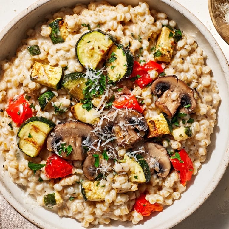 Close-up of Pearled Barley Creamy Bowl showing creamy texture and colorful roasted zucchini, bell peppers, and mushrooms.  