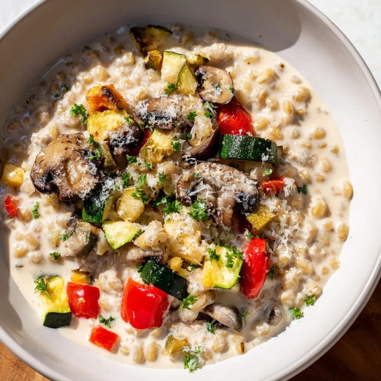 Serving suggestion for Pearled Barley Creamy Bowl, garnished with fresh herbs and ready to enjoy hot from the oven.