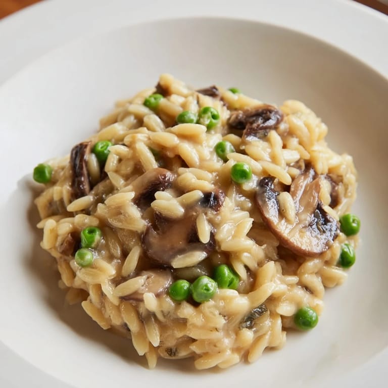 A close-up of orzo mushroom risotto-style dish with sautéed mushrooms, peas, and buttery cheese, steaming gently.