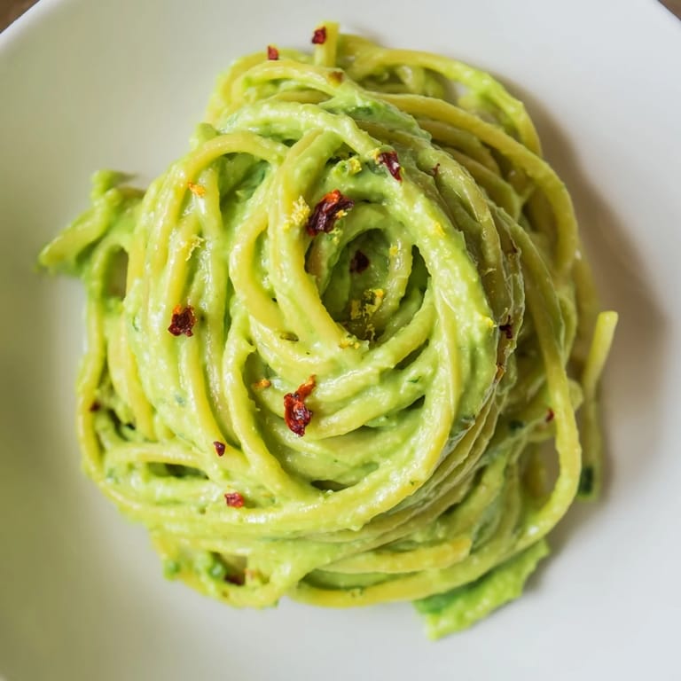 Smashed Avocado Pasta served with lime wedges, fresh basil, and a sprinkle of Parmesan.