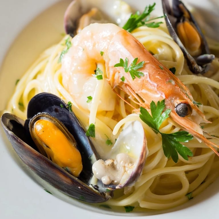 Al dente Seafood Linguine in a vibrant tomato and garlic broth, topped with fresh parsley and lemon wedges for a zesty finish.