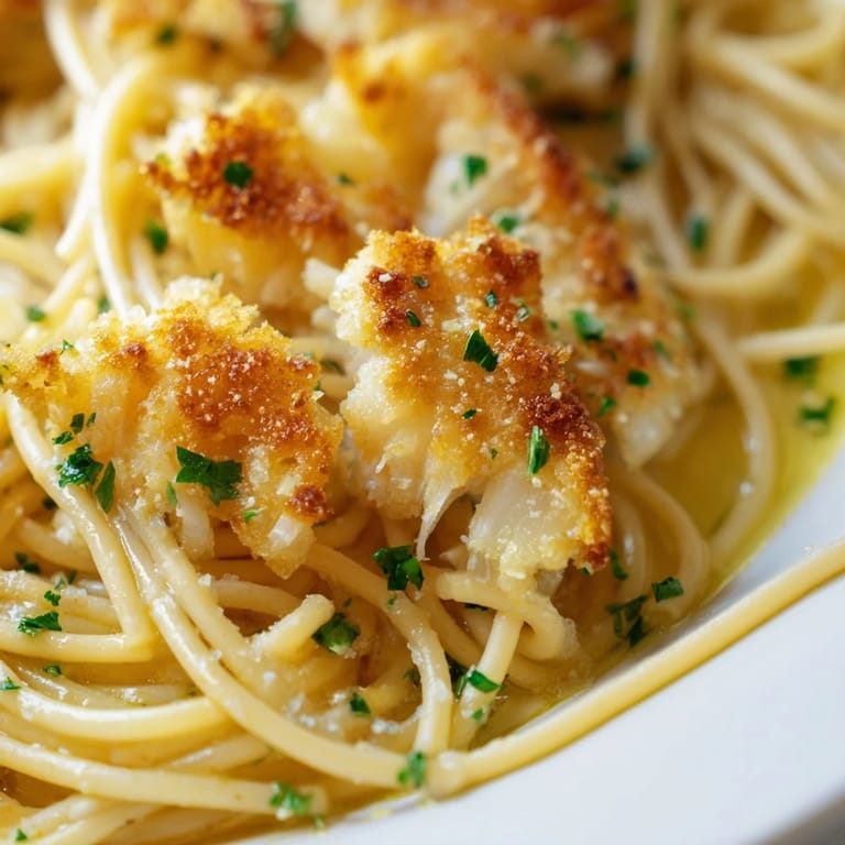 Vibrant bowl of Crispy Fish Pasta with lemon wedges, chopped chives, and a drizzle of extra virgin olive oil.