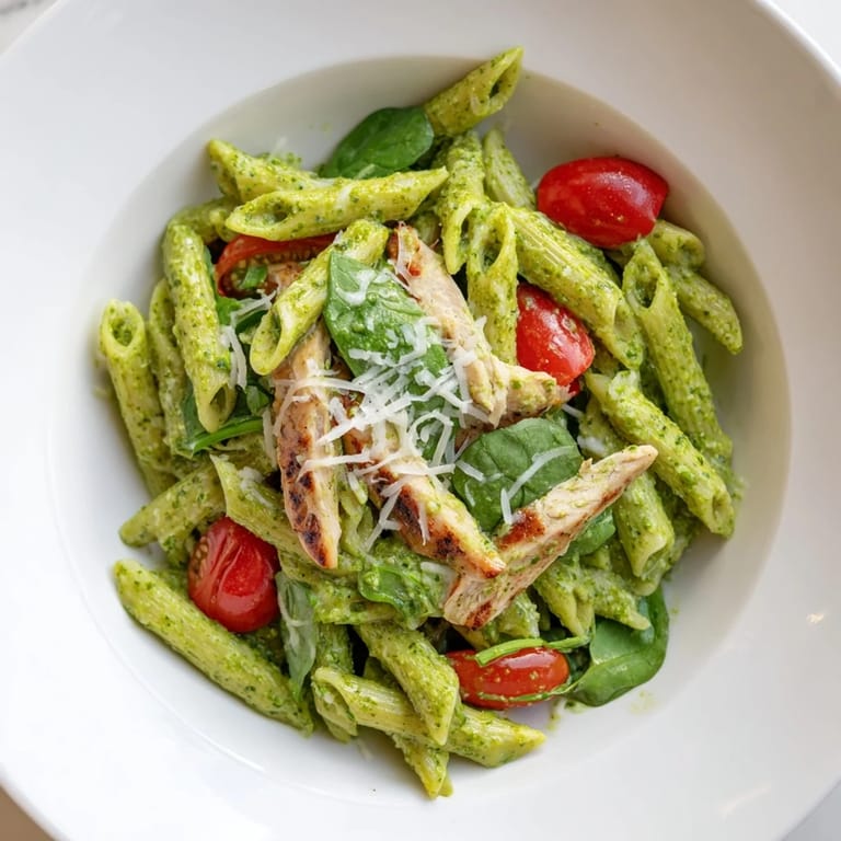 Vibrant bowl of Pesto Chicken Pasta featuring halved cherry tomatoes, wilted baby spinach, and fresh basil leaves, perfect for weeknight dinners.