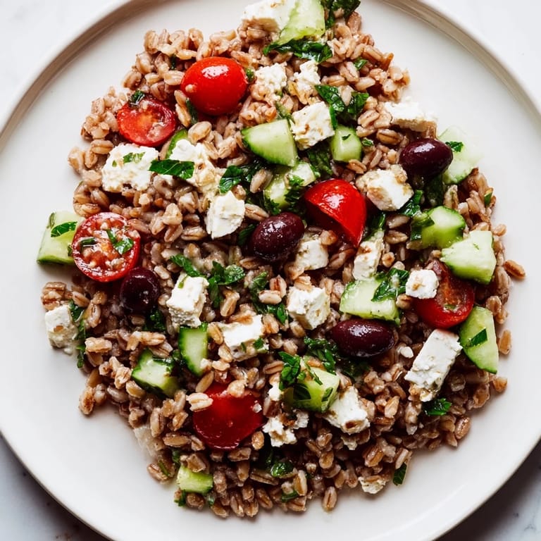 Tossed Farro Salad Mediterranean with zesty lemon-oregano dressing and fresh herbs in a rustic bowl.