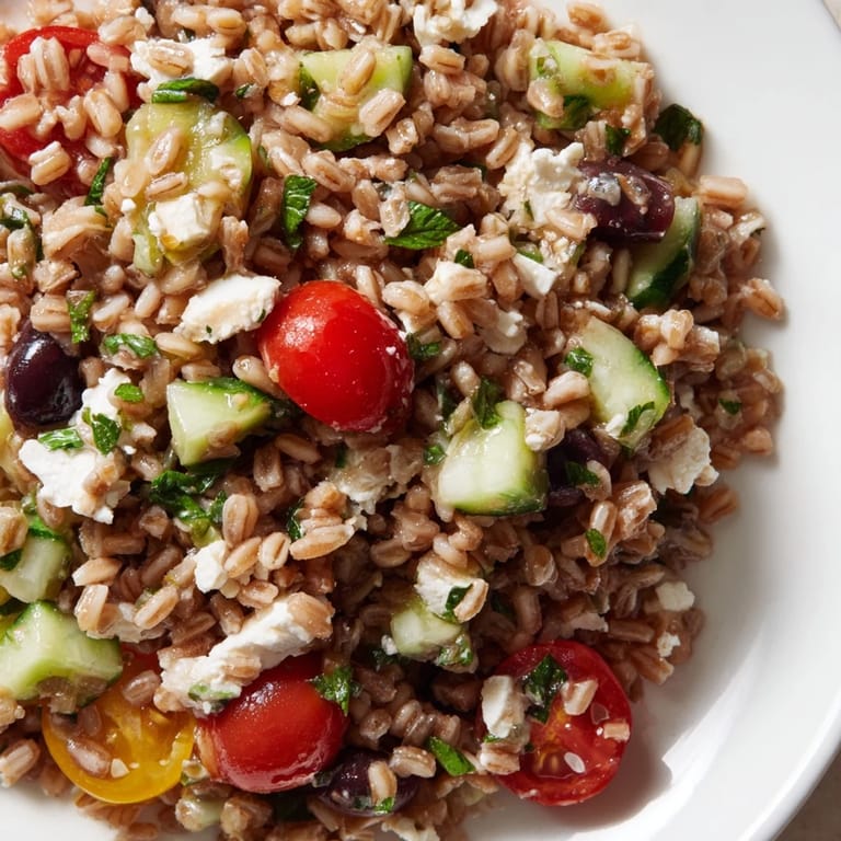 Healthy Farro Salad Mediterranean served as a light lunch, topped with crumbled feta and olives.