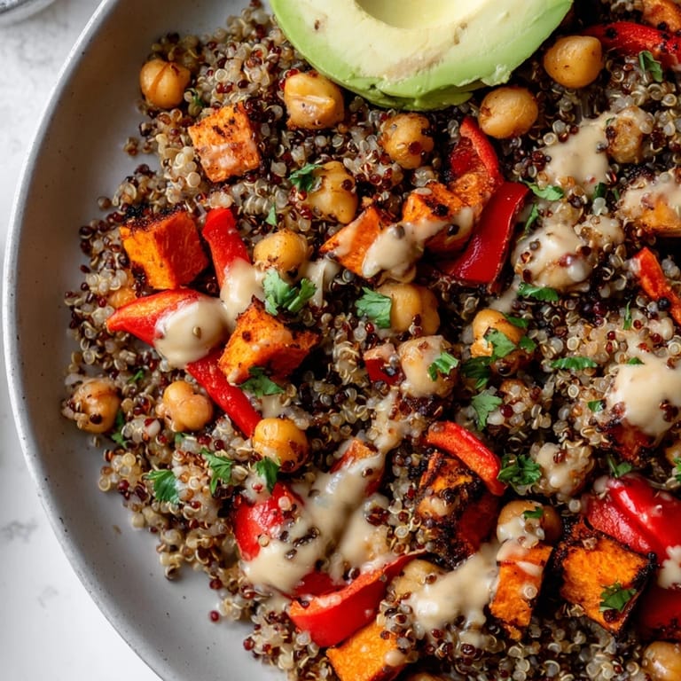 Hearty vegan quinoa Buddha bowl with golden roasted sweet potatoes, broccoli, and red bell peppers, garnished with fresh herbs and crunchy pumpkin seeds.