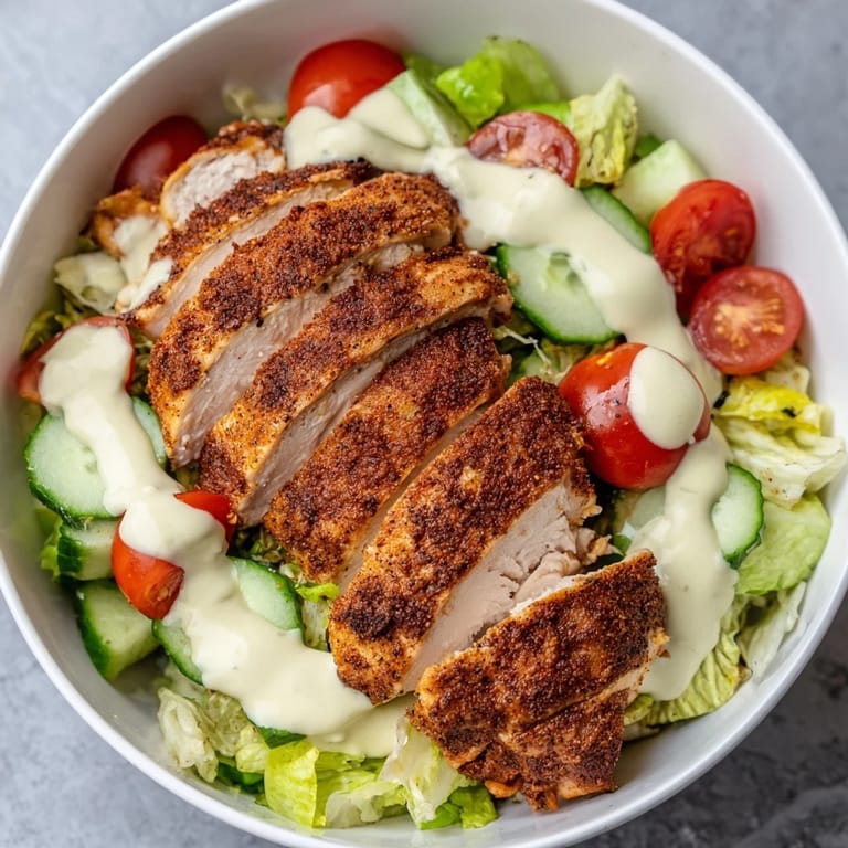 A hearty Chicken Shawarma Salad Bowl with juicy marinated chicken over crisp greens, red onion, and parsley for lunch.  