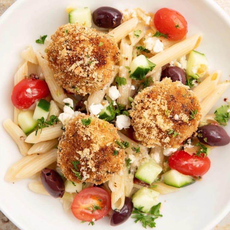 A close-up of crispy chicken bites and Greek salad pasta tossed with Kalamata olives and zesty red wine vinaigrette.