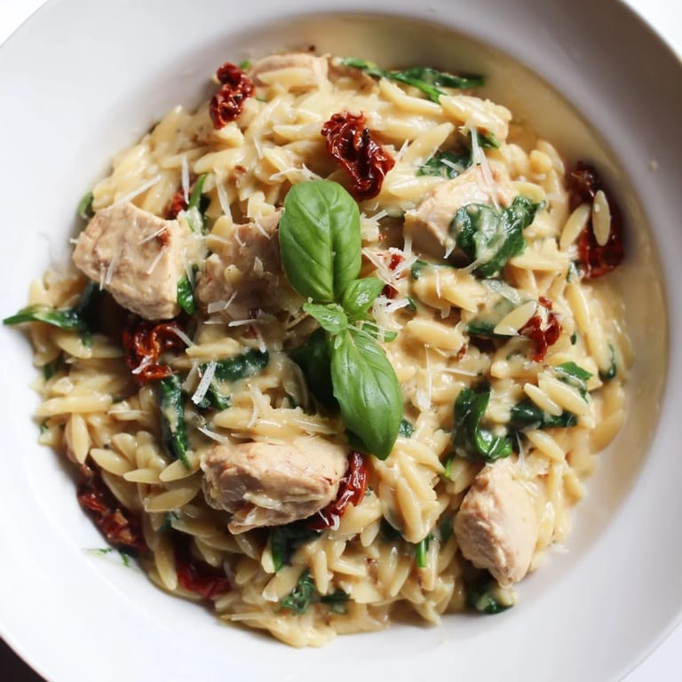 Hearty Tuscan Chicken Orzo pasta dish featuring golden chicken, vibrant tomatoes, and melted Parmesan in a creamy sauce.