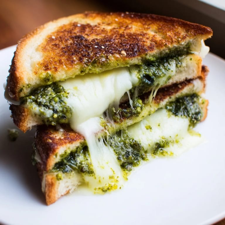 A crispy Sourdough Pesto Grilled Cheese sandwich cut in half beside a bowl of tomato soup.