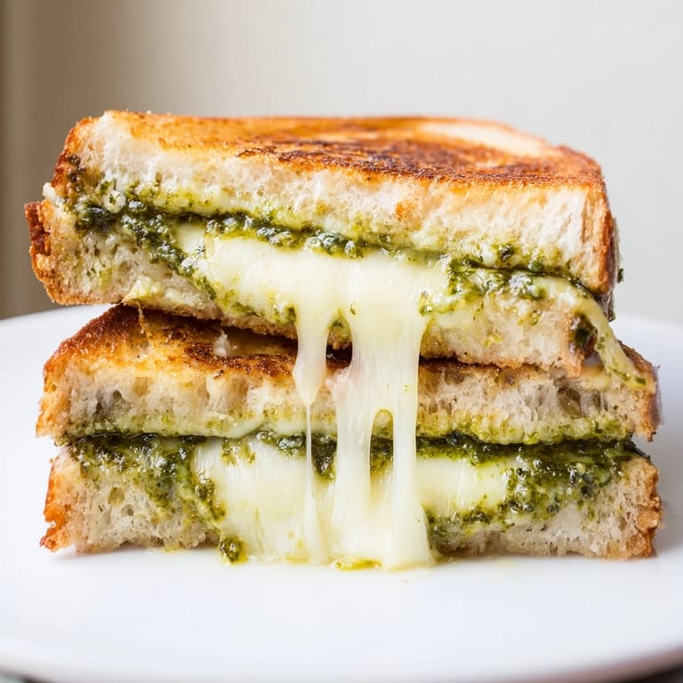 Close-up of a Sourdough Pesto Grilled Cheese revealing bright green basil pesto and sharp cheddar layers.