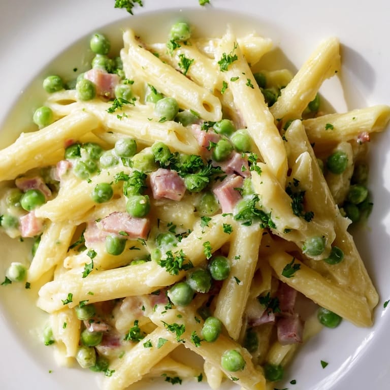 Savory Spring Pea & Ham Pasta tossed in a rich Parmesan cream sauce, garnished with fresh green parsley.