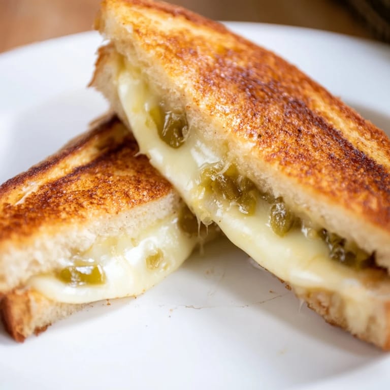 A freshly cut half of Jalapeño Pepper Jack Grilled Cheese showing layers of melted pepper jack and chopped pickled jalapeños on buttery bread.