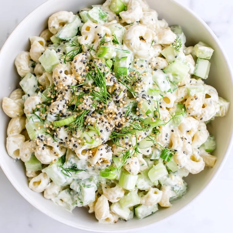 A vegetarian American side dish featuring tender pasta, crunchy cucumber pieces, and aromatic dill, lightly coated in a smooth sour cream-based dressing.