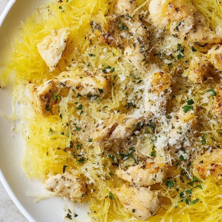 A close-up of skillet-cooked chicken coated in a bright lemon-garlic sauce over fluffy spaghetti squash.