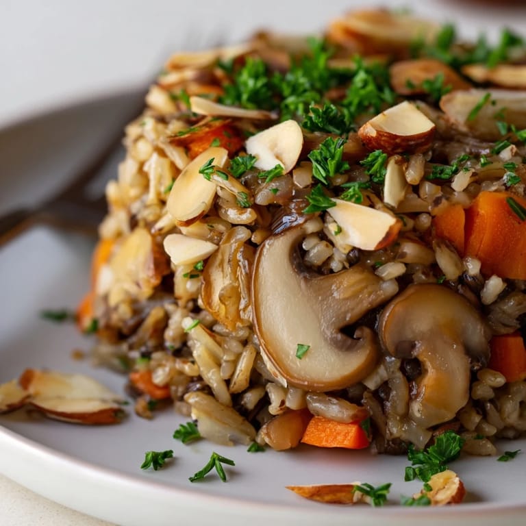 Warm Wild Rice and Mushroom Pilaf in a serving dish, ready to accompany roasted poultry or stand alone.