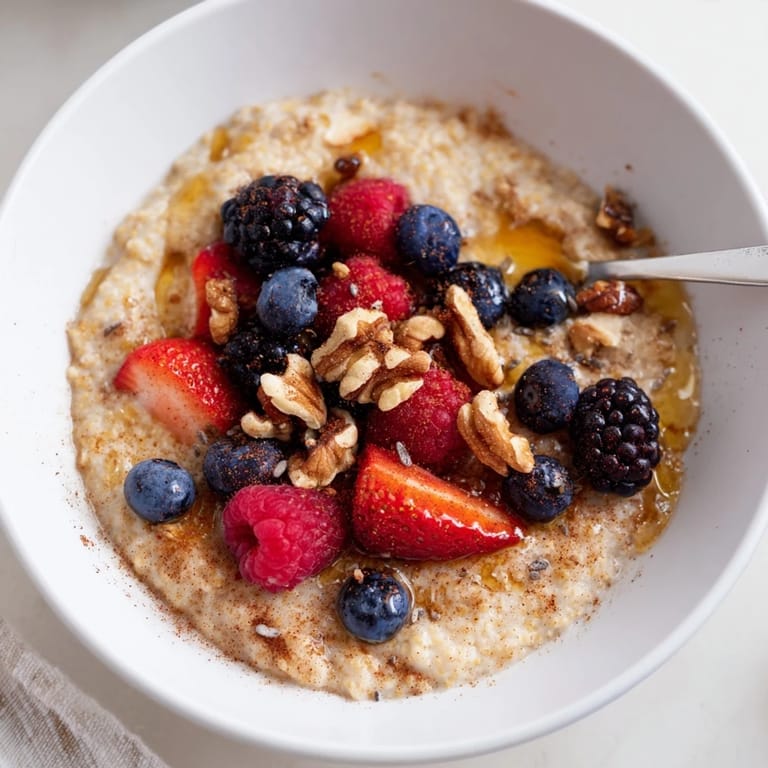 Healthy Millet Porridge With Berries garnished with fresh strawberries and chia seeds, perfect for a nourishing vegetarian breakfast.