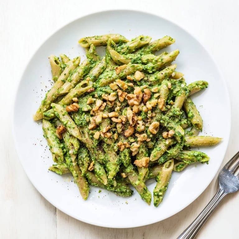 A spoonful of luscious, plant-based creamy spinach walnut pasta, featuring a smooth walnut and spinach blend, ready to serve.  