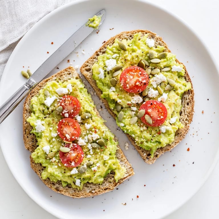 Savory avocado toast on whole grain bread topped with feta, seeds, and red pepper flakes.