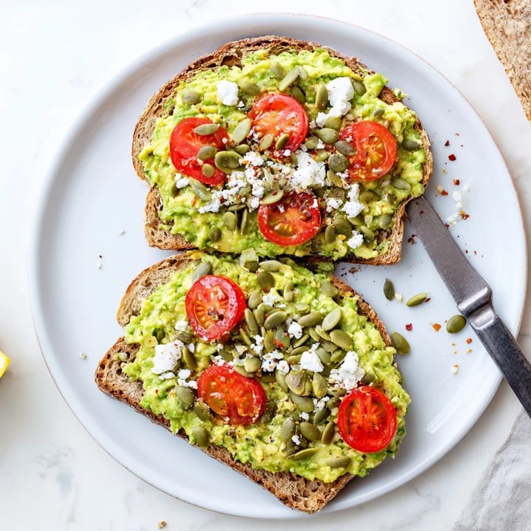 Golden toasted whole grain avocado toast with vibrant tomato and crunchy pumpkin seeds for breakfast.