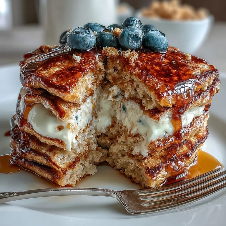 Close-up of fluffy Protein Power Pancakes cooked to perfection, showing a tender crumb and golden edges on a griddle.  