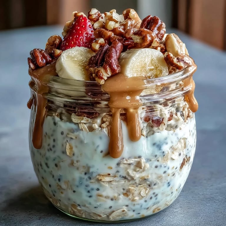 Overnight Oats with Chia Seeds garnished with crunchy almonds and blueberries, showcasing a thick, chilled texture perfect for busy morning meal prep.