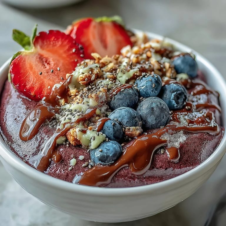 Thick, purple Acai Berry Smoothie Bowl garnished with chia seeds, coconut flakes, and almond butter drizzle in a white bowl.  