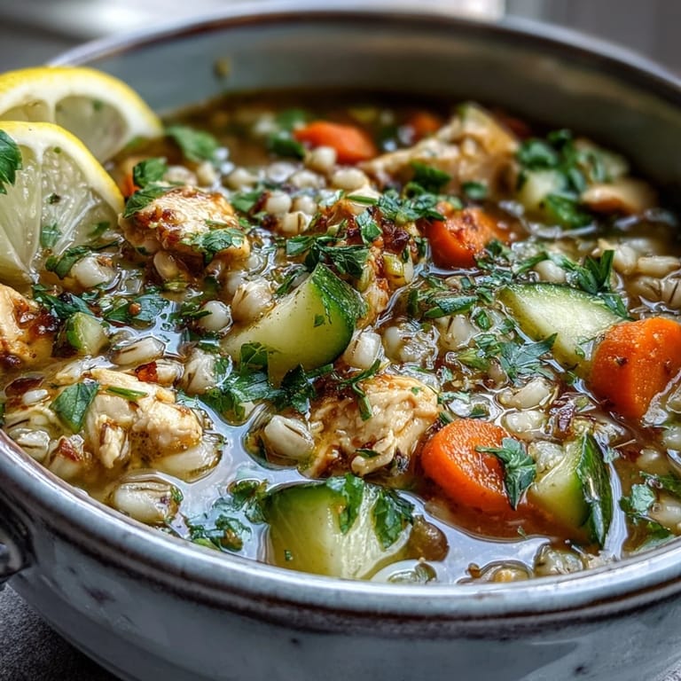 Close-up of golden-hued Soothing Turmeric Chicken With Pearl Barley showing tender chicken and hearty vegetables.