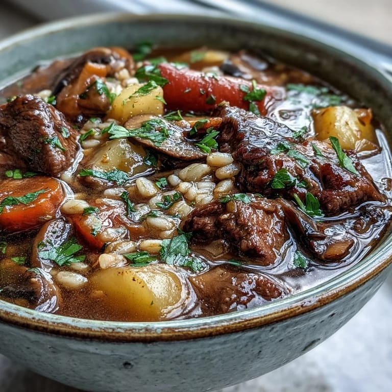 Spoon lifting a bite of hearty Vegetable Beef, Barley, and Mushroom Soup, showcasing diced potatoes and fresh parsley garnish over the thick, comforting American-style soup.