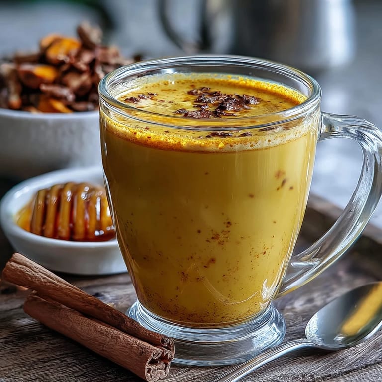 A frothy cup of Turmeric and Ginger Golden Milk pairs beautifully with honey and spices on a marble counter. 
